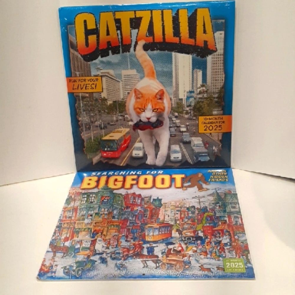 LOT 2- 16 Month 2025 Wall Calendars. "CATZILLA" & BIGFOOT. Funny Search And Seek